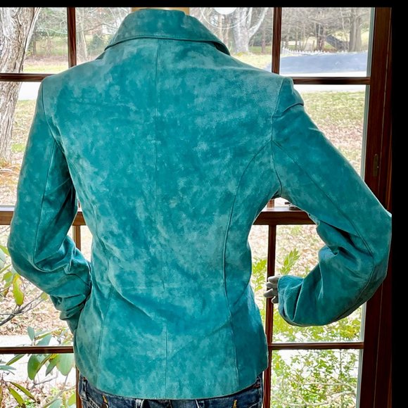 ⭐️HP⭐️RED VALENTINO▪️Light Aqua Blue Seamed Retro Suede Leather Jacket - Picture 2 of 9